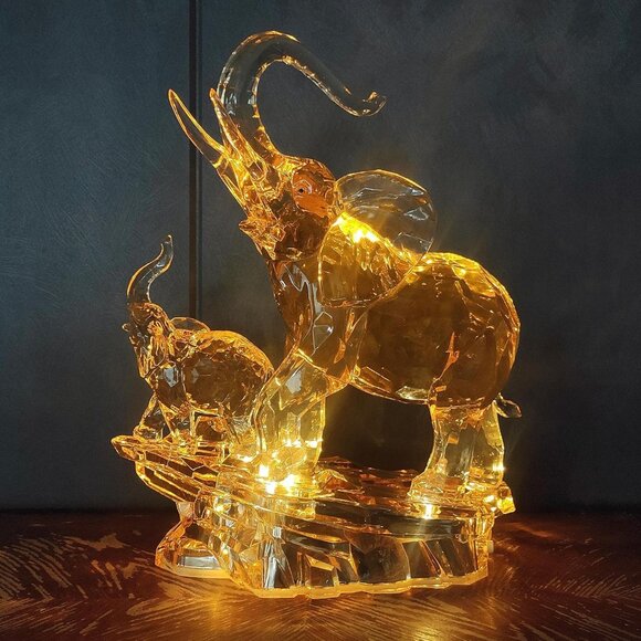 Large Crystal Elephant Sculpture with Baby Elephant, Golden Accents - Picture 7 of 10